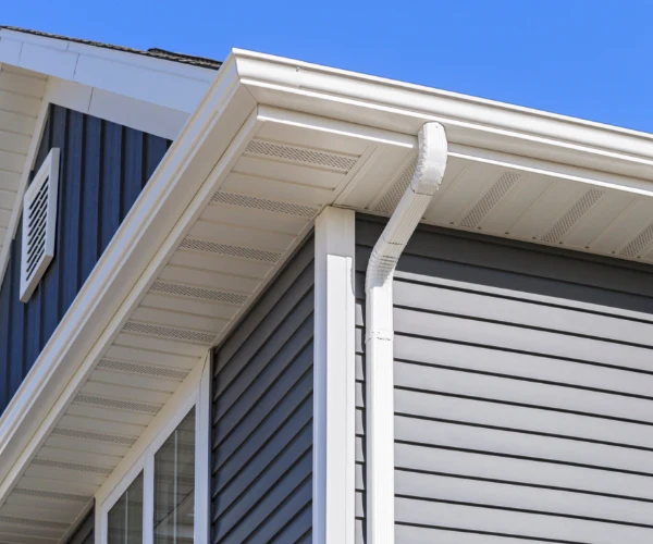 Close-up view of a house exterior showing gray vinyl siding, white soffit, fascia, and gutter system under a clear blue sky.