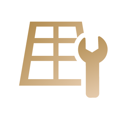 Gold icon of a skylight with a wrench, symbolizing skylight repair.
